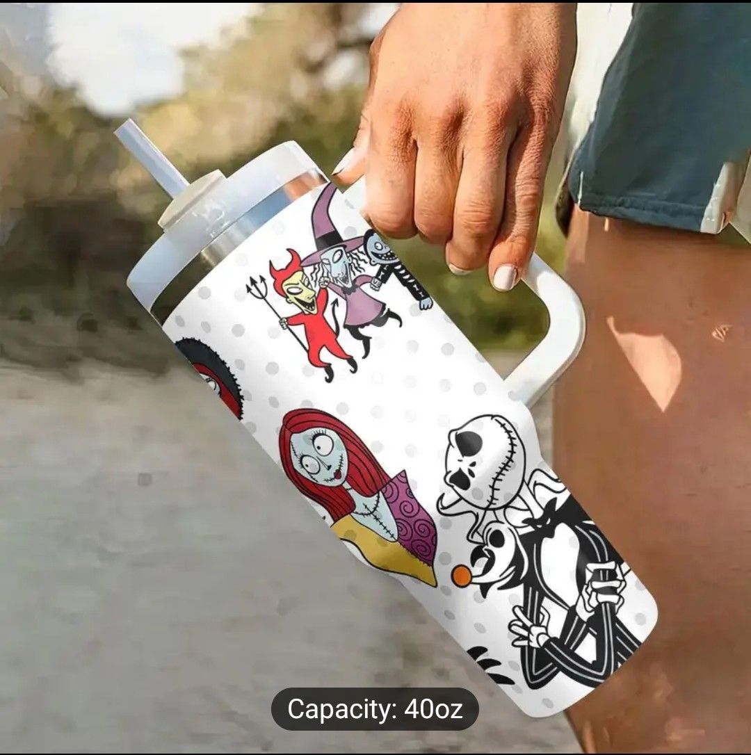 1pc 40oz Jack Skellington 304 Stainless Steel Water Bottle with Lid, Handle, and Straw - Cartoon Print, Double-Walled Insulation for Cold and Hot Beverages, Ideal for Travel, Office, and Home - Festiv