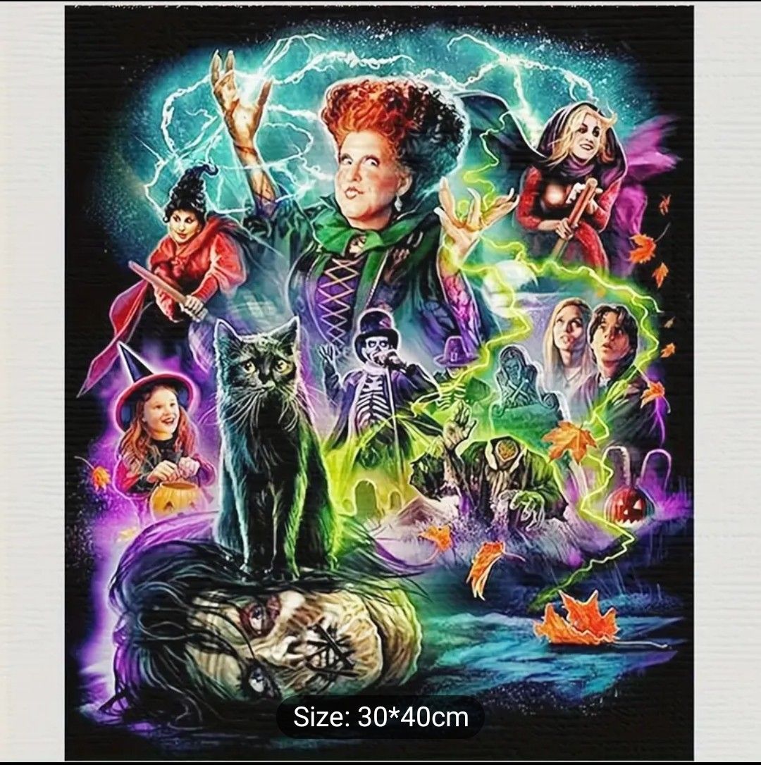 5D Round Diamond Painting Kit - Witch &amp; Cat Theme, Full Drill Canvas Embroidery Cross Stitch Mosaic, Wall Art Home Decor, 30.48x40.64 cm