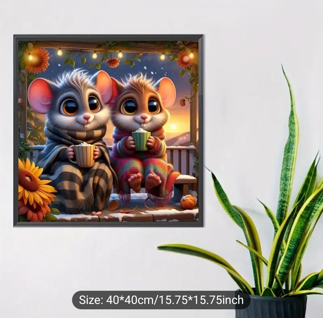 5D DIY Diamond Painting Kit - Charming Mice with Mugs Animal Theme Art | Round Acrylic Diamond Embroidery Cross Stitch | Full Drill Canvas Craft | Wall Decor 40cm x 40cm - Includes Tools and Accessori