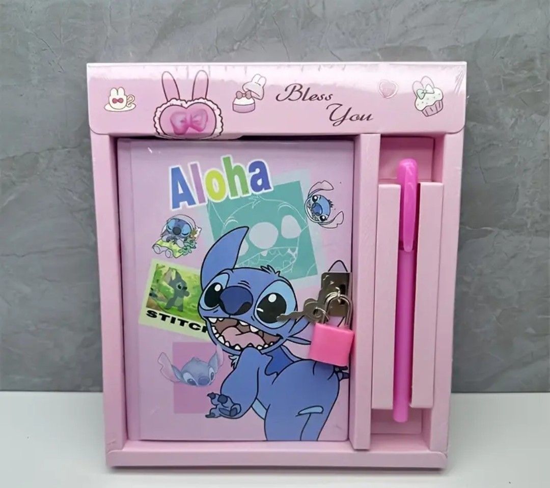 Stitch Lock Book Set: Blue Long Ear Stitch Notebook with Lock And Pen Combination - Perfect for School Or Office