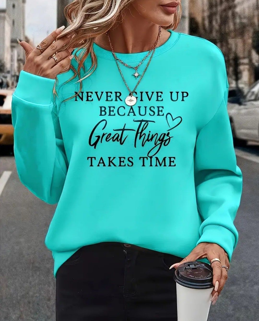 Womens Never Give Up Inspirational Sweatshirt - Relaxed Fit, Crew Neck, Long Sleeve - Durable Print, Soft Comfort - Everyday Casual Style