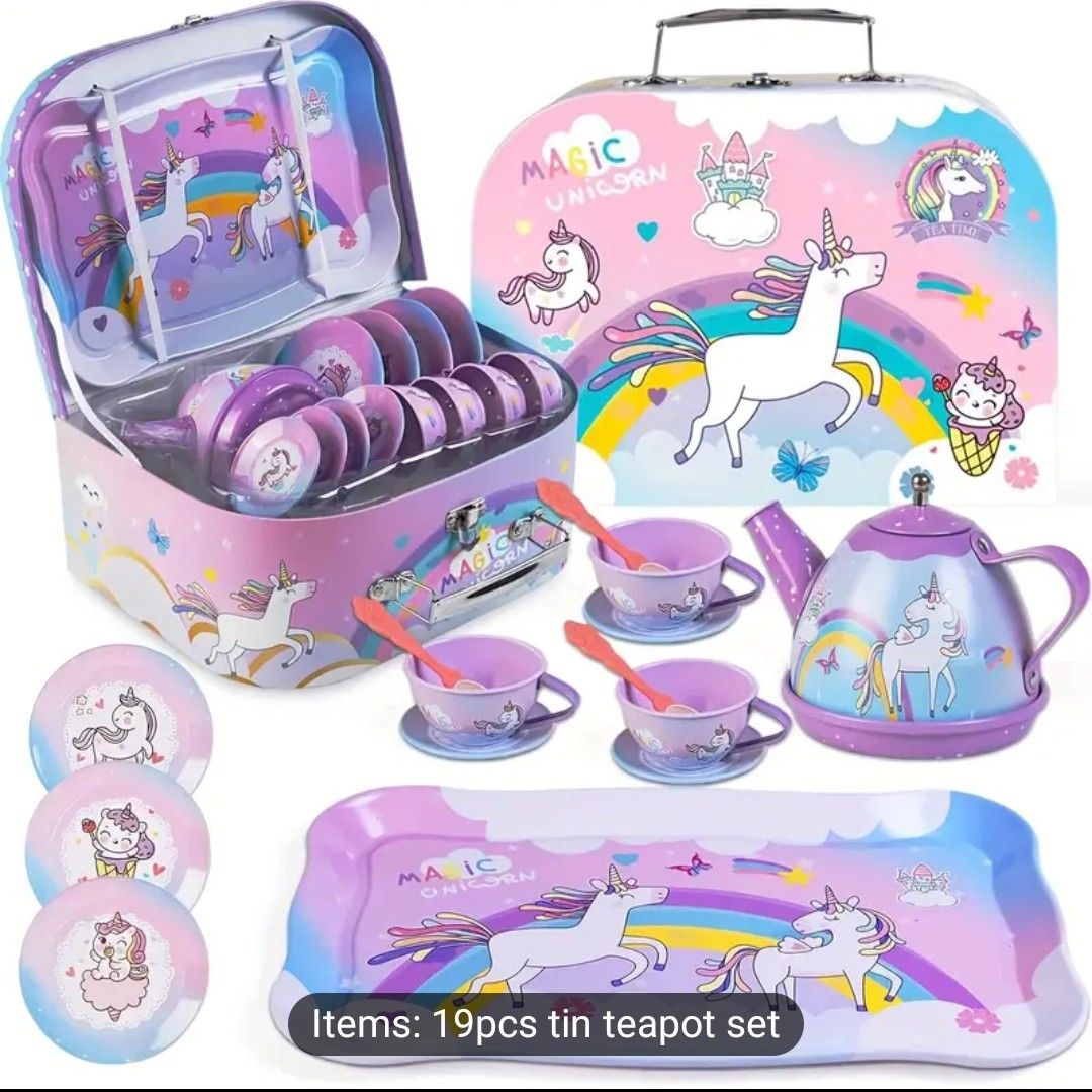 19 Pieces Rainbow Unicorn Princess Tea Party Set - Whimsical Tin Tea Set for Kids, Age 3+, Enchanting Kitchen Pretend Play, Educational Toy for Girls, Developing Social Skills, Fostering Imagination,