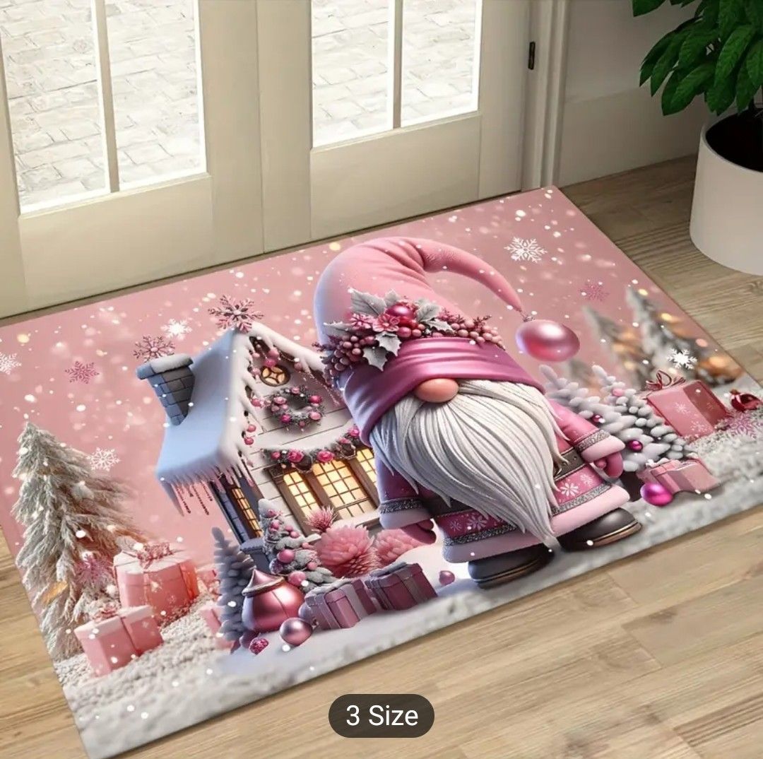 Pink Christmas Gnome Welcome Doormat - 6mm Thick, Ultra-Soft Polyester with Non-Slip Rubber Backing for Enhanced Traction, Machine Washable and Durable, Perfect for Home Decor, Doorways, Living Rooms,