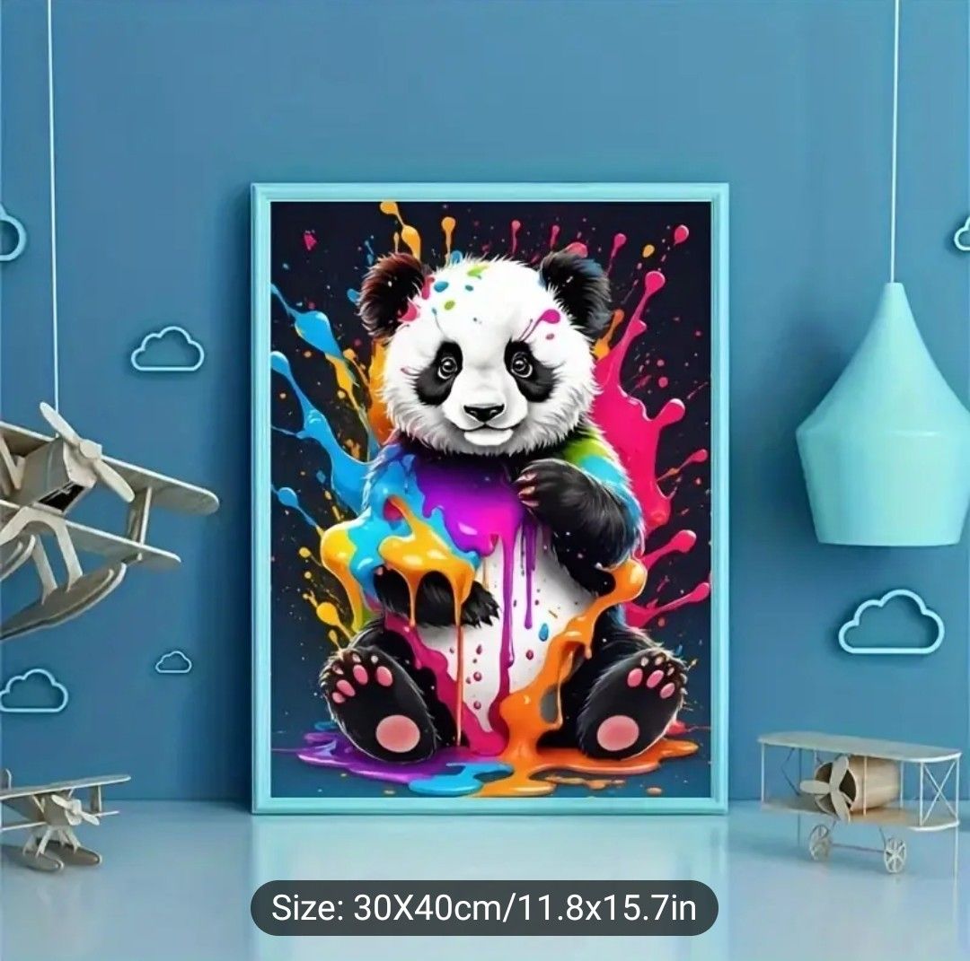 DIY 5D Full Drill Round Diamond Painting Kit, Colorful Panda Splash Art Canvas, Animal Themed Craft Mosaic, Home &amp; Office Wall Decor, Creative Handmade Gift Without Frame (1 Piece)