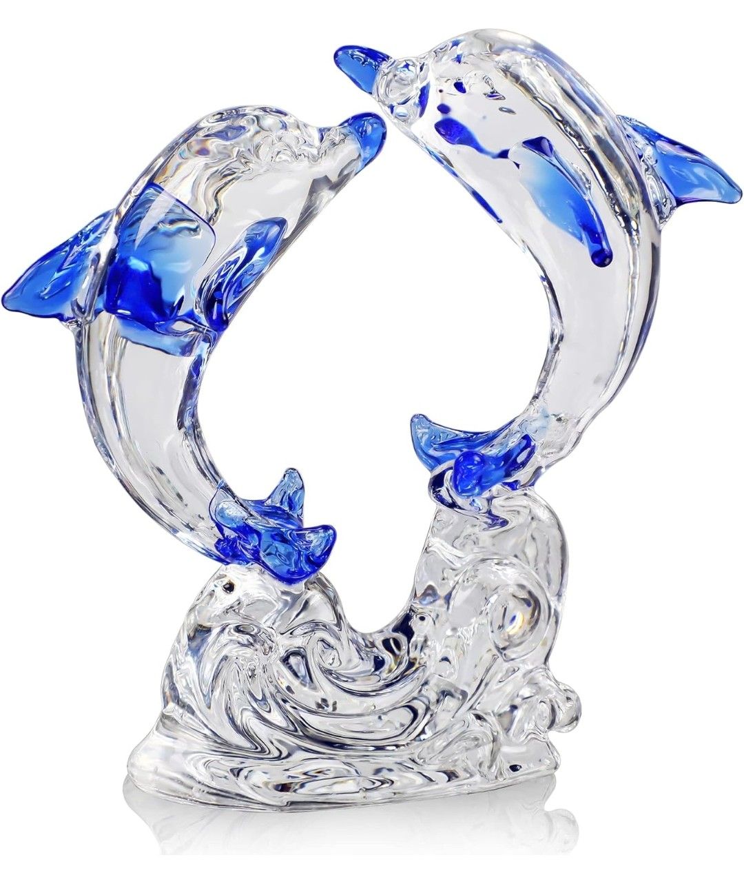 H&amp;D HYALINE &amp; DORA Glass Double Dolphins Figurines Collectibles,Glass Sea Animal Ornament,Crystal Animals Paperweight for Home Office Decor(Blue)