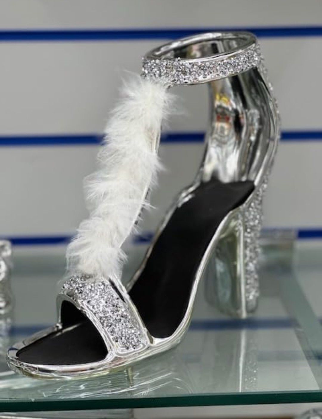 Crushed Diamond Silver Crystal Shoe, Sparkling White Feather Stunning Shoe Ornament