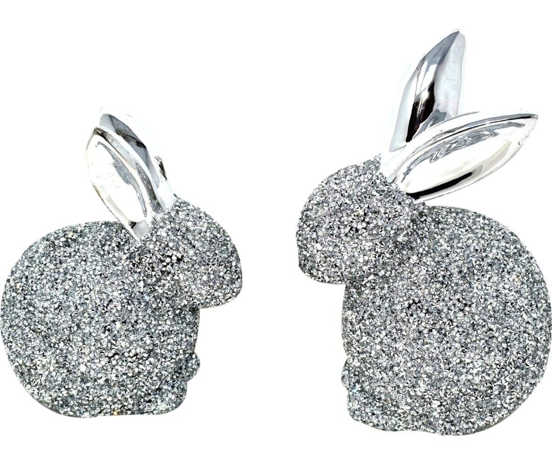Amazing Gift Crushed Diamond Silver Rabbit Sparkle Ornaments, Set of 2, Handmade, Crystallized, Home/Office Decoration