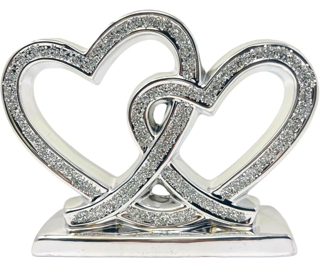 Amazing Gift Crushed Diamond Silver Double Heart Love Ornament - A Radiant Celebration of Eternal Affection Sterling Love-Ornament Blings Sparkly Ornament home Interiors decoration