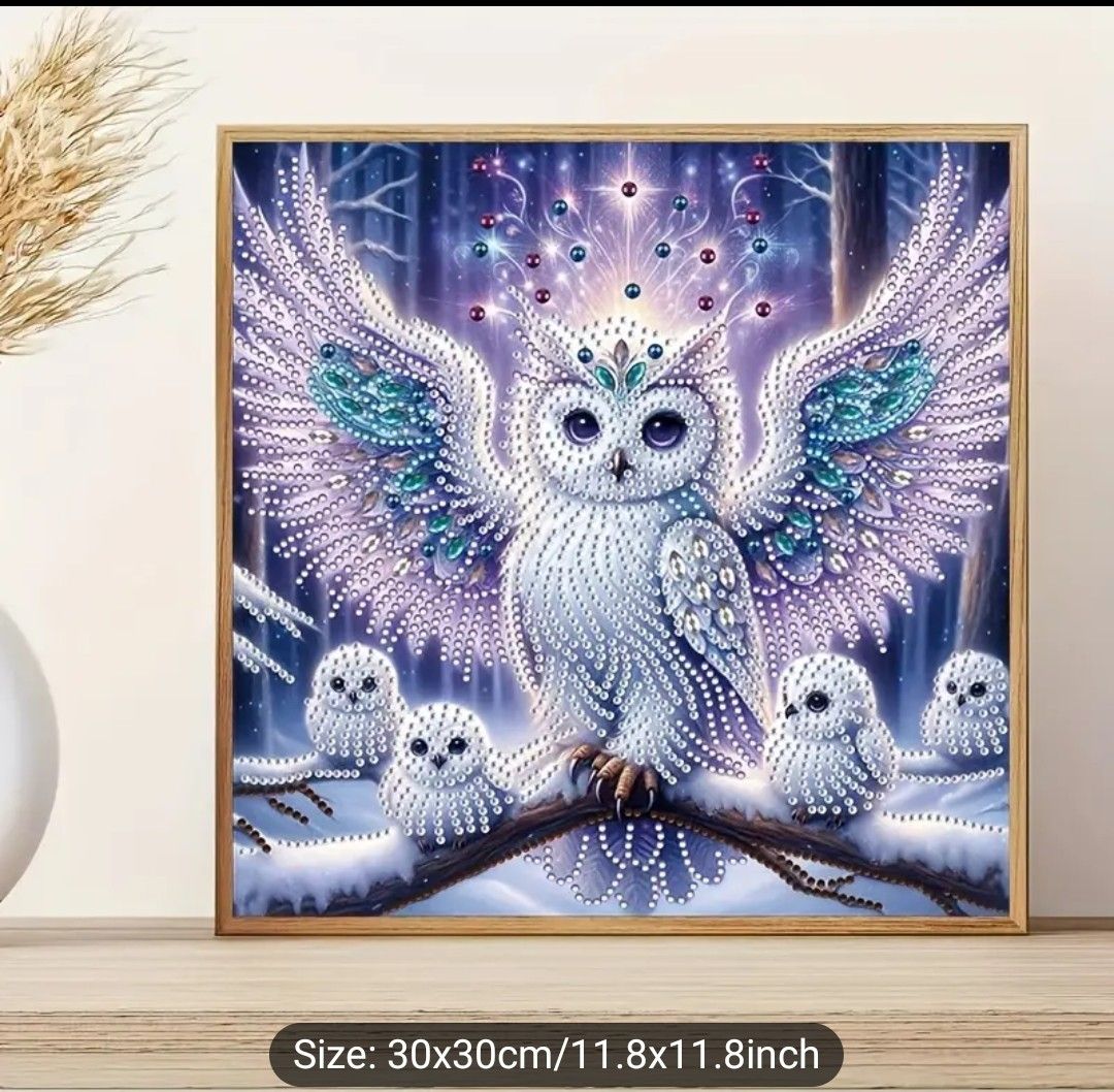 5D DIY Diamond Painting Kit - Snowy Forest Owl Family | Special Shaped Crystal Diamonds Partial Drill Mosaic Art | Canvas Animal Themed Handcraft Gift | Unframed Wall Decor for Home and Office