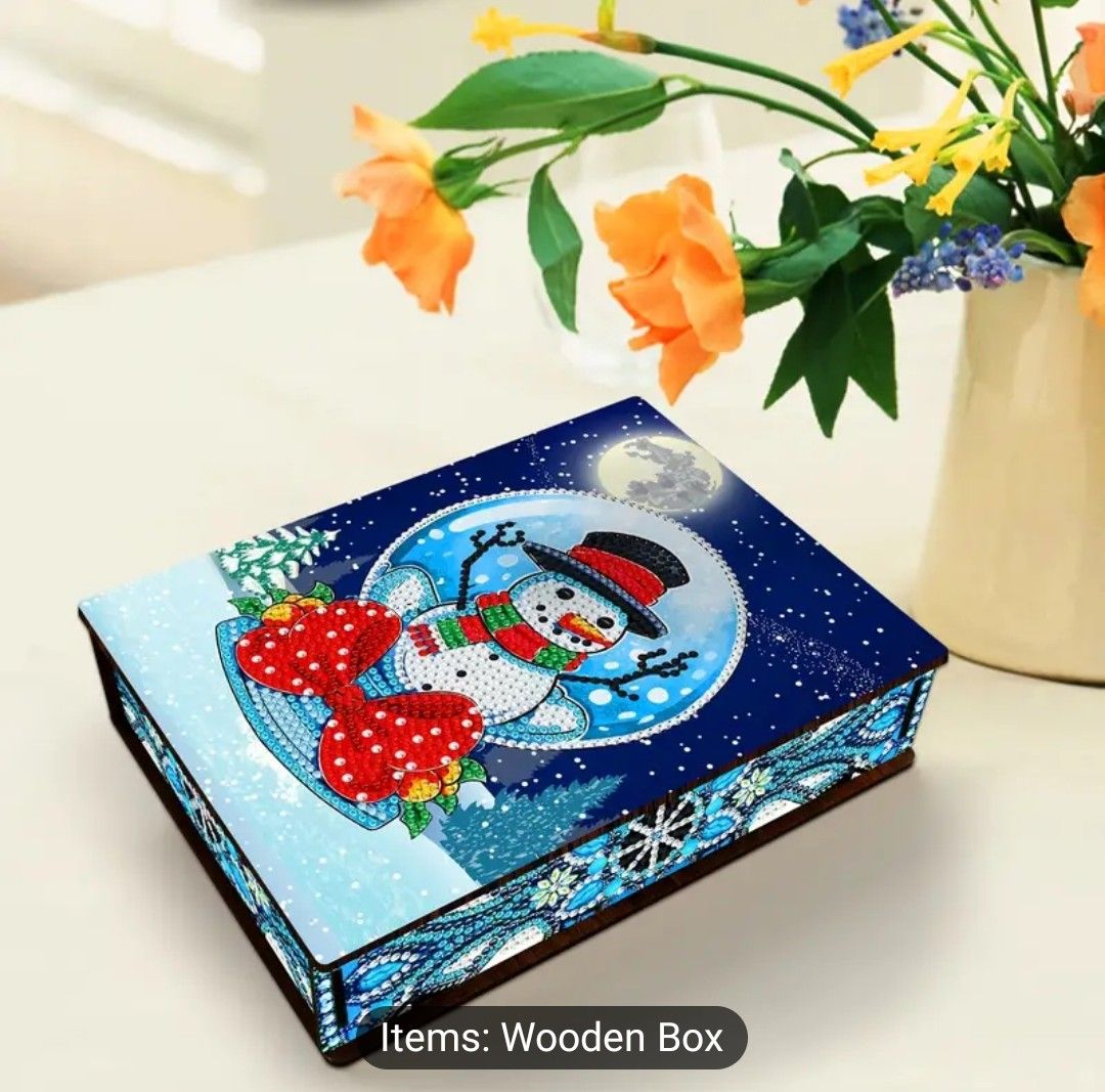 5D DIY Diamond Painting Kit with Round Diamonds, Wooden Storage Box, Snowman Design, Handcrafted Mosaic Art Gift for Christmas and New Year