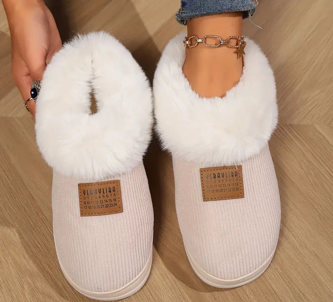 Women&#39;s Faux Fur Lined Slippers, Indoor Warm Plush House Shoes, Non-Slip Soft Sole Bedroom Footwear, Comfy Slip-Ons, Winter &amp; Autumn