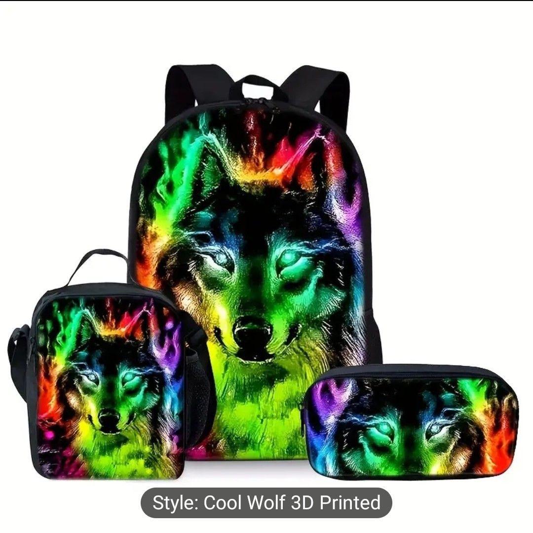 3Pcs Adjustable Strap Casual Fashion Knapsack Backpack with Cool Wolf Print, Large Capacity, Hand Bag, Pouch, and Zip Up Closure for Travel and School