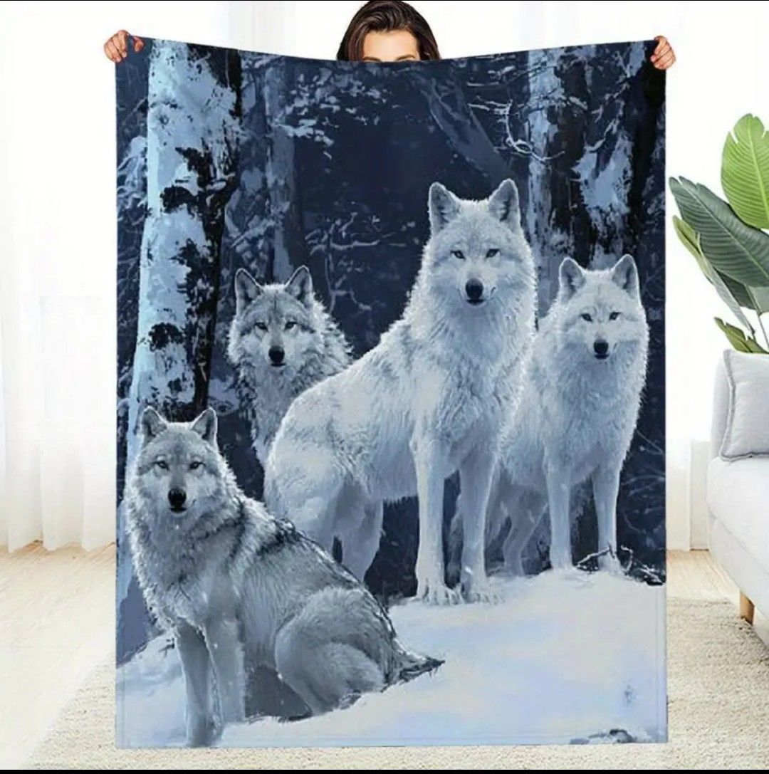 Soft Plush Blankets Wolves Snow Trees 100% Polyester Winter Theme for Bedrooms or Offices