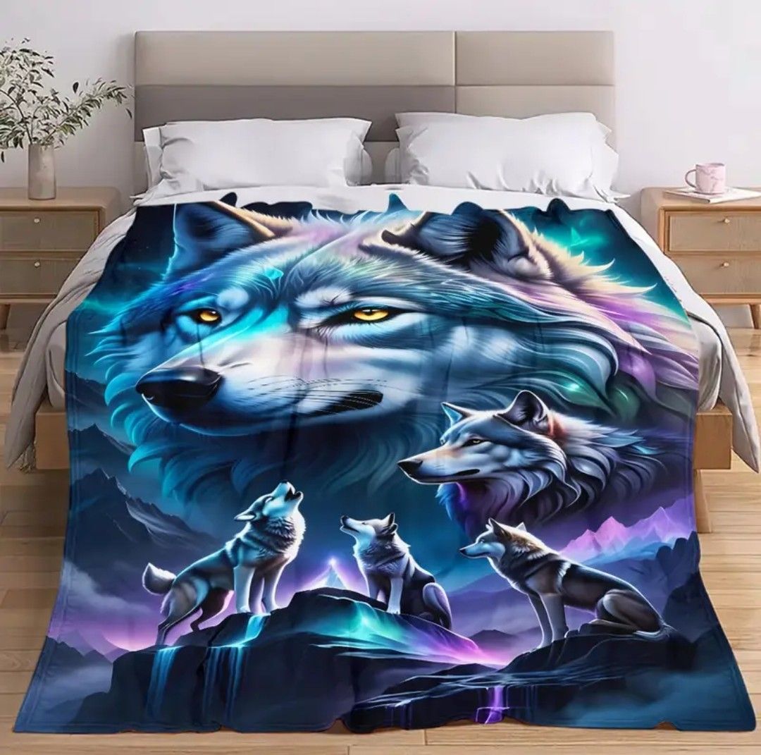 Unique Bohemian Wolf-Themed Flannel Throw Blanket - Soft Hypoallergenic Polyester Quilted Bedding with Digital HD Printed, Knitting Craftsmanship, and Cozy All-Season Design - Hand Washable and Ideal