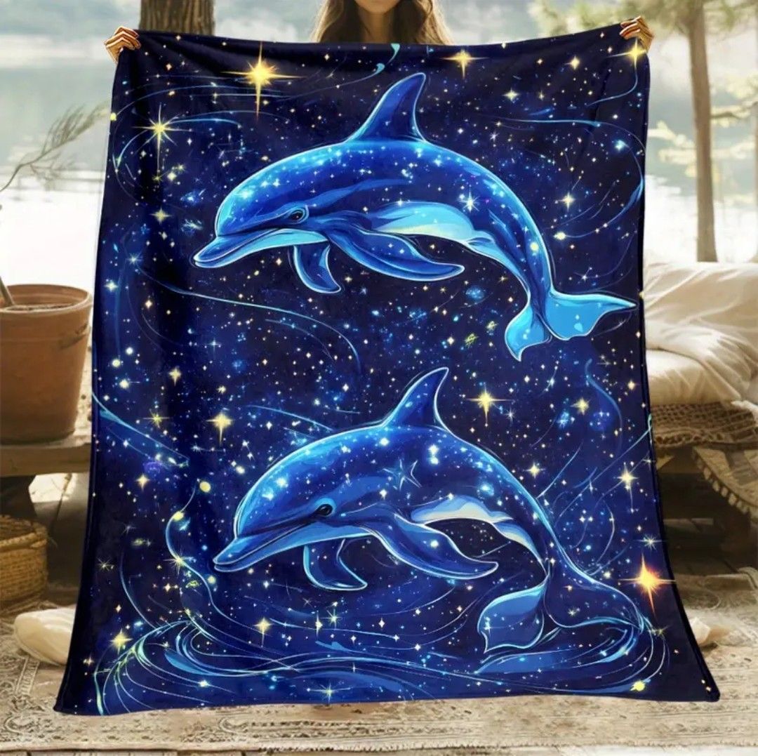 Dolphins in Starry Sky Print Fleece Blanket - All-Season Lightweight Flannel Throw for Sofa, Bed, Travel, Camping, Livingroom, Office, Couch, Chair - Machine Washable, Plain Weave, Polyester, Uncharge