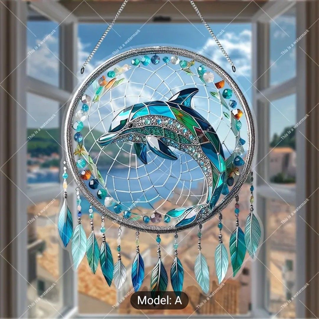 1pc Acrylic Dolphin Dream Catcher, Colorful Window Hanging, 11x8.6 inches (28x22 cm), Holiday Gift, Spring Decoration, Wreath Sign, Gift for Women, Gift for Wife, Window Decoration, Porch Decoration,