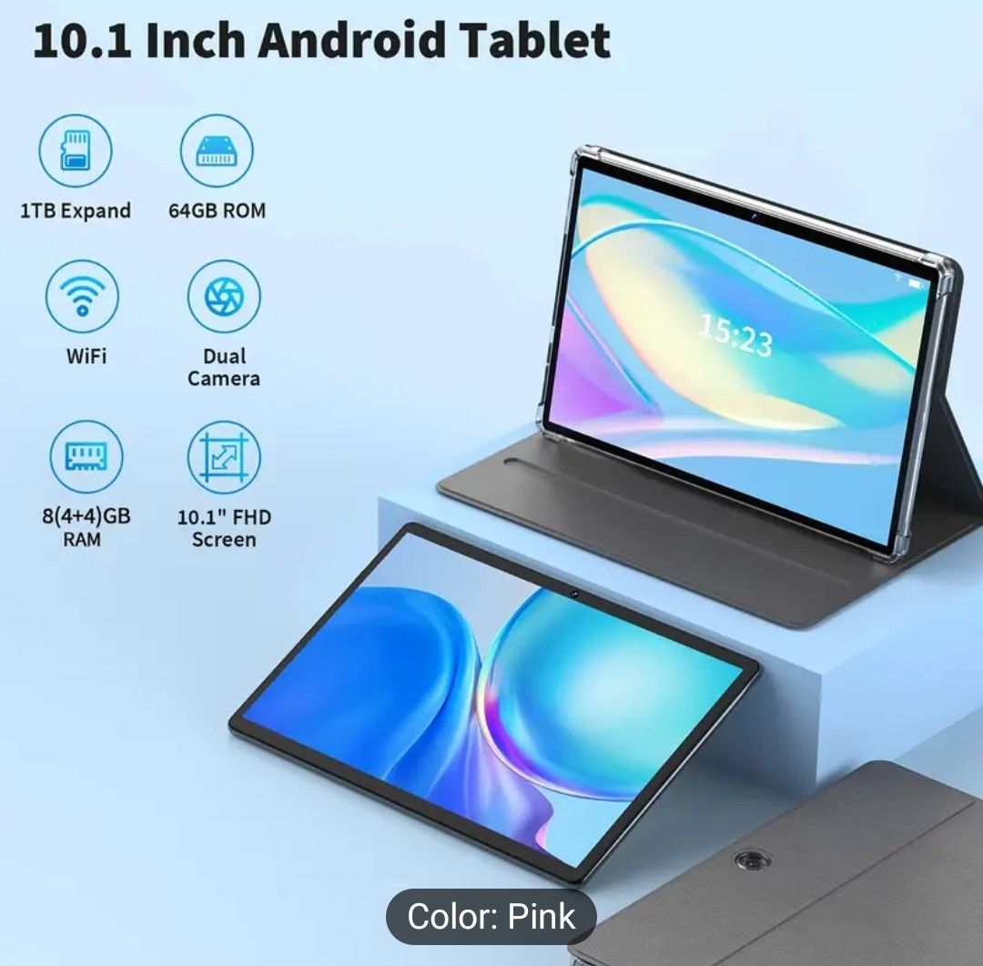 QDDQ 10.1&quot; for Android Tablet with Protective Case - 64GB Storage, Expandable for RAM (8GB), Dual Cameras (5+8MP), FHD Touch Screen, WiFi &amp; Wireless Connectivity, USB Charging - Gray/Pink, QDDQ