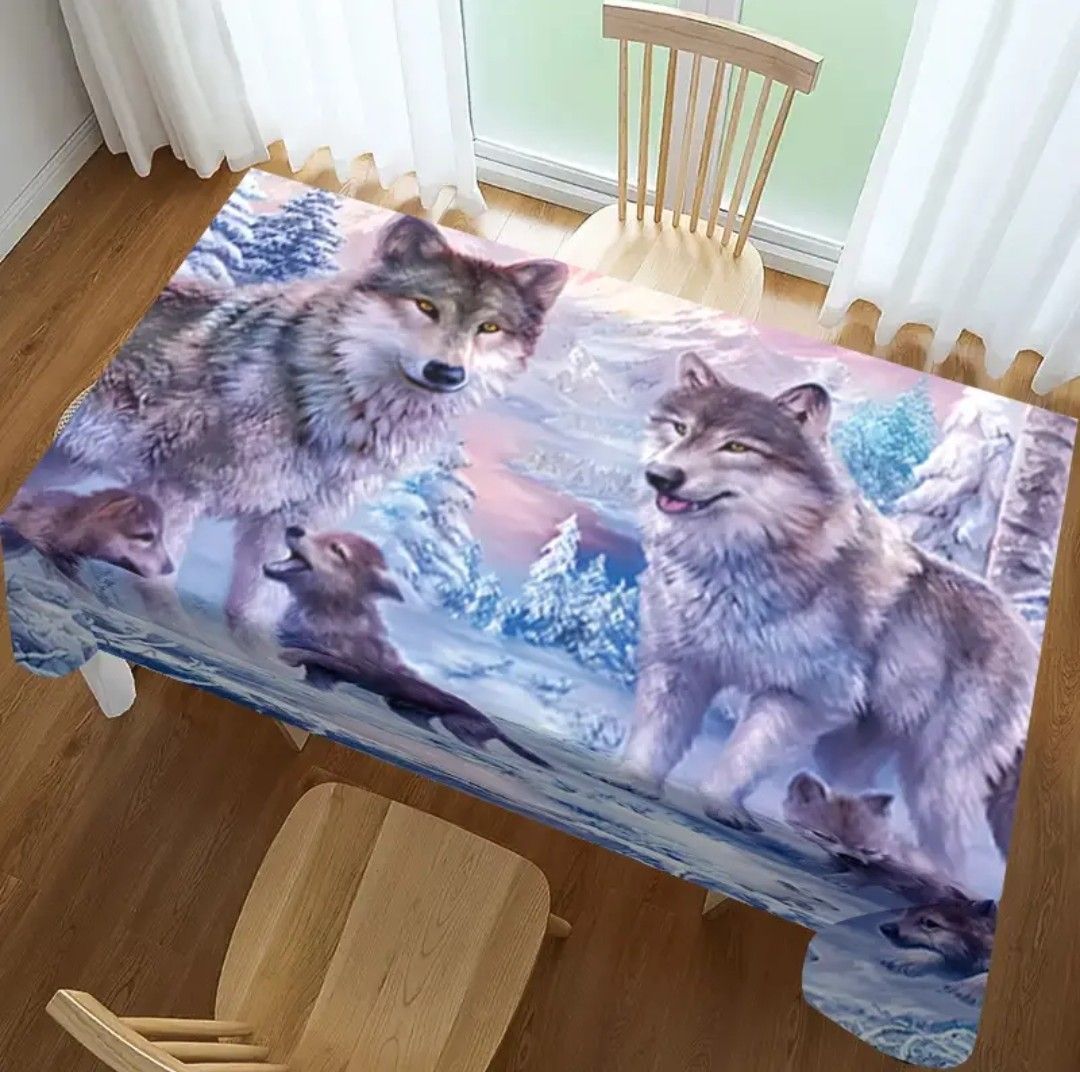 1pc, Winter Ice and Snow Wolf &amp; Pup Pattern Tablecloth, 1pc, Polyester, Machine Woven, Waterproof, Stainproof, Easy to Clean, Reusable, Washable, Square, for Home Kitchen, Outdoor Picnic, Indoor &amp; Out