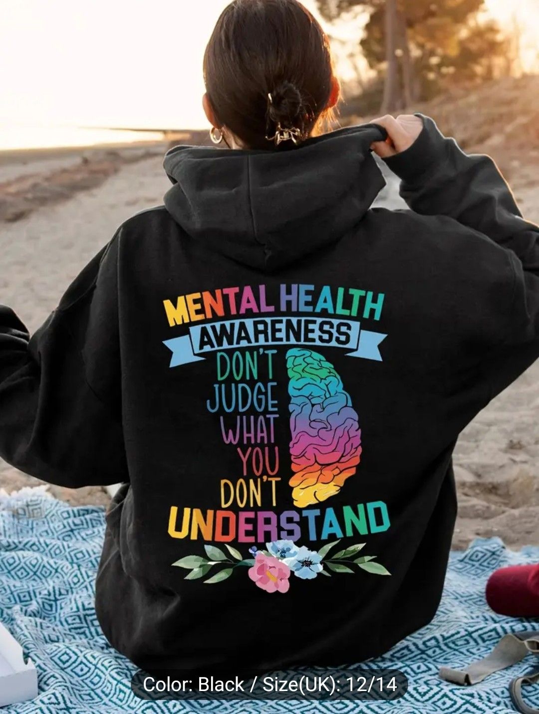 Geometric Brain Graphic Hoodie - Casual Knit Polyester Alphabet Print Hooded Sweatshirt with Drawstring for Women, Fall/Winter Season