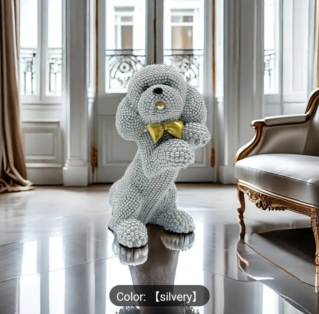 1pc, Cute and well-behaved Silvery-colored colorful piece dot bead tie sitting dog resin statue, abstract art sculpture, suitable for bookshelf, living room or office decoration - personalize your spa