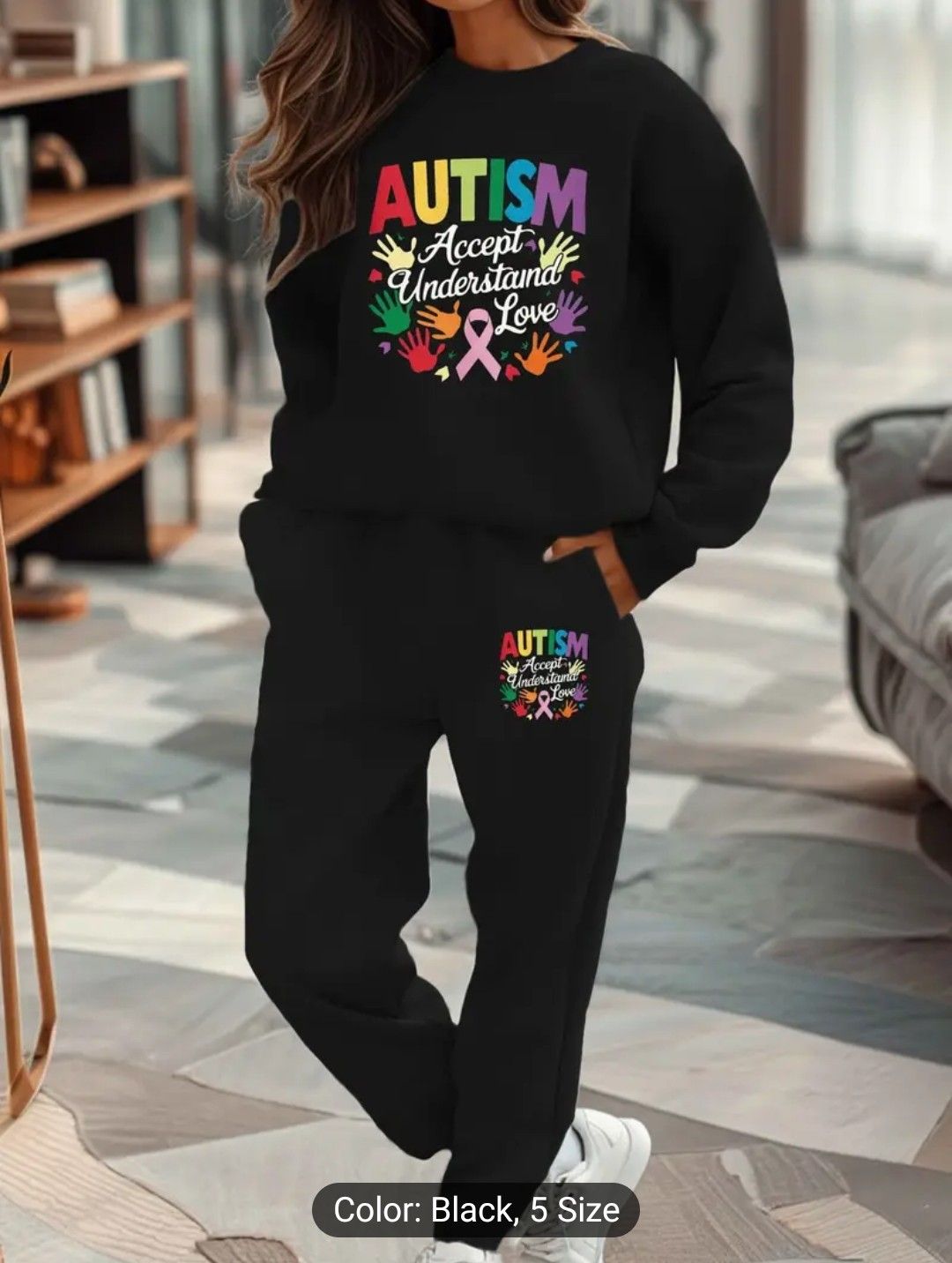 Cozy &amp; Stylish Women&#39;s Autism Awareness Sweatshirt and Joggers Set - Polyester, Non-Stretch, Machine Washable, Geometric Print, Crew Neck, Casual Fall/Winter Outfit