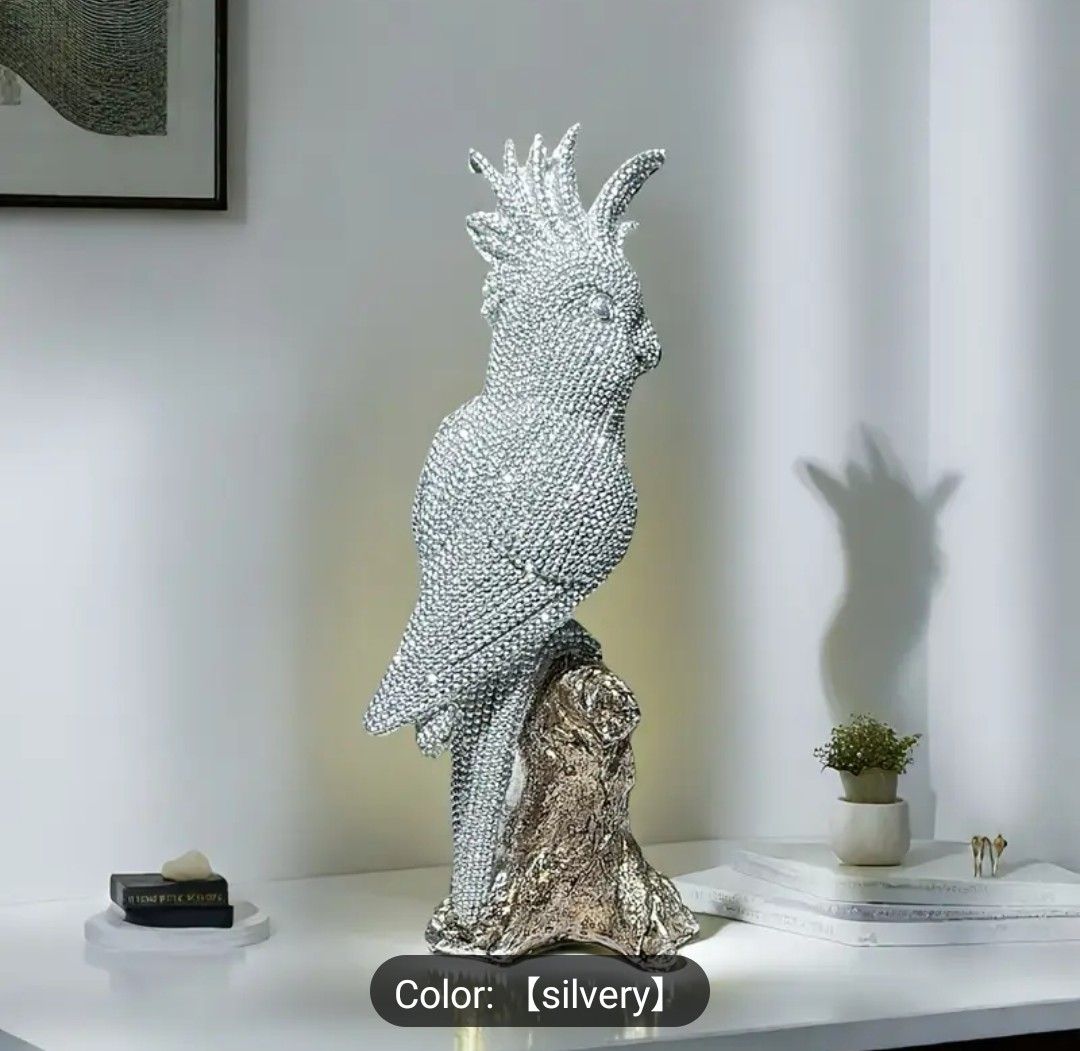 1pc Creative high-end shiny Silvery parrot resin craft decoration, suitable for decoration in various room types such as home, living room, bedroom, office, etc