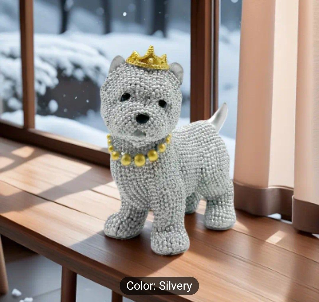 Sparkling Beaded Crown Dog Statue - 11.1cm Resin Animal Figurine with Pearl Necklace, Elegant Home Decor for Living Room, Bedroom, Office, or Study, Perfect Gift for Valentine&#39;s Day, Birthdays, and Ne