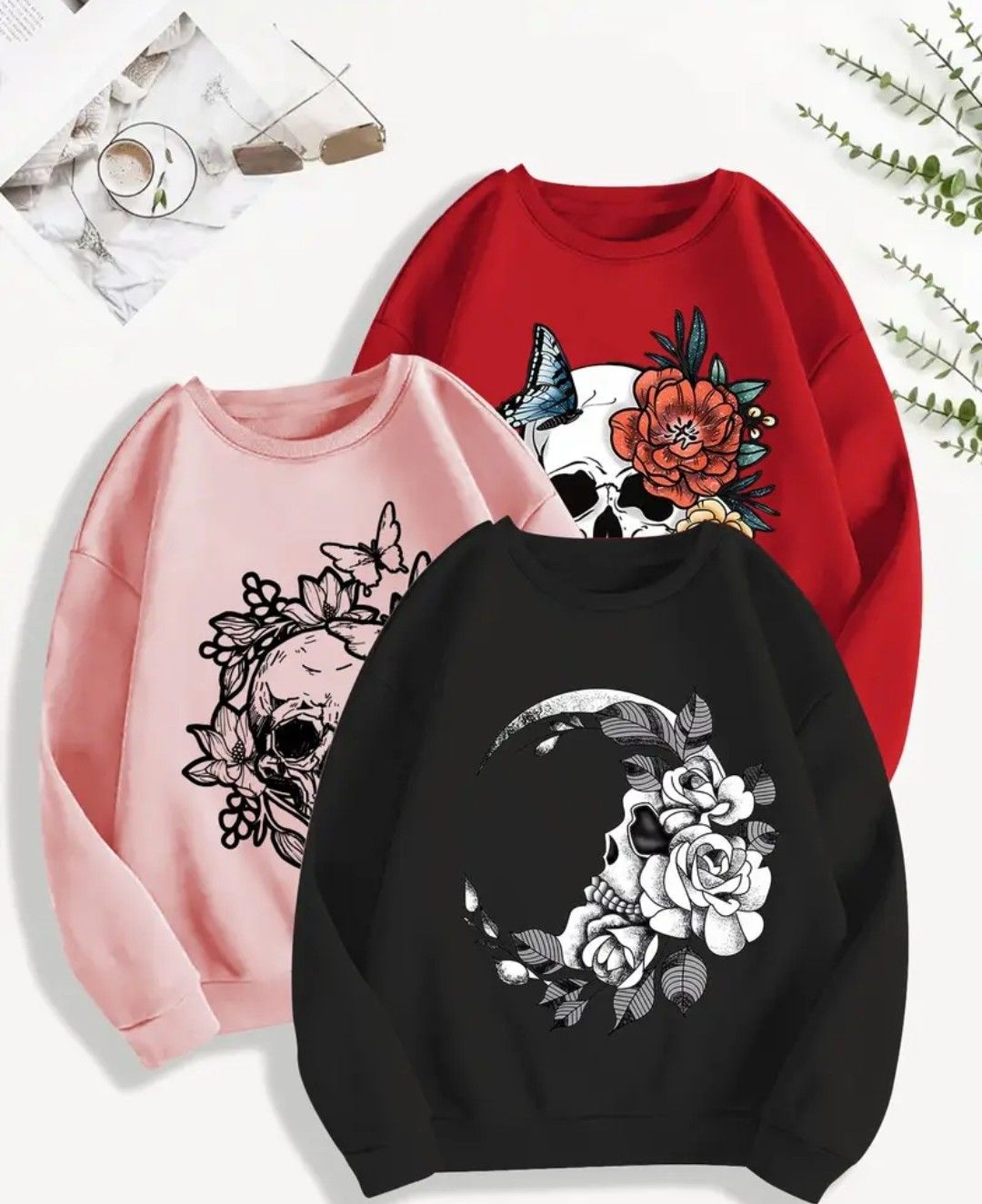 Women&#39;S Casual Pullover Sweatshirts, Polyester Long Sleeve Crew Neck, Gothic Floral Skull Print, Autumn/Winter Fashion