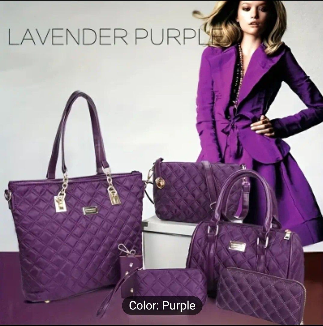 A Set of 6 Stylish Women&#39;S Bags in Lavender Purple - Includes a Quilted Tote, a Crossbody Bag, And a Shoulder Bag, Along with a Matching Wallet - Durable, Fashionable, And Easy to Care For, in Solid C