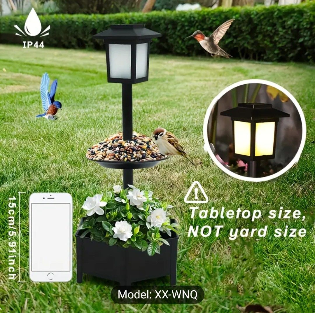 Solar-Powered Garden Bird Feeder with Dual Layers - Outdoor Atmosphere Light, Creative Landscape Design, Plantable Base for Flowers, Durable Plastic, Geometric Theme
