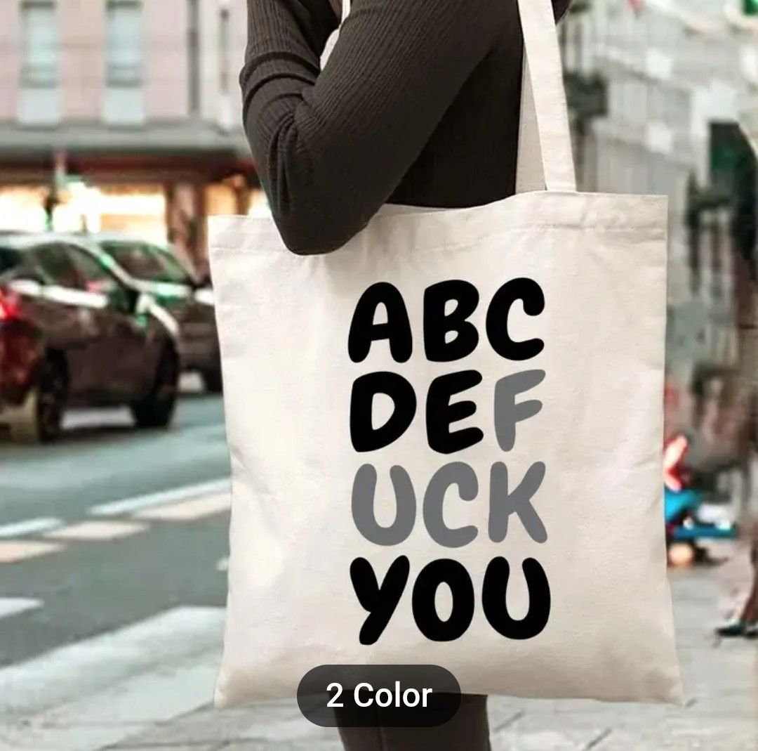 Funny Canvas Tote Bag, Large Capacity Durable Handbag, Trendy Simple Style, with ABCDEFUckYou Print, for Outdoor Picnic, Party, Travel, Shopping