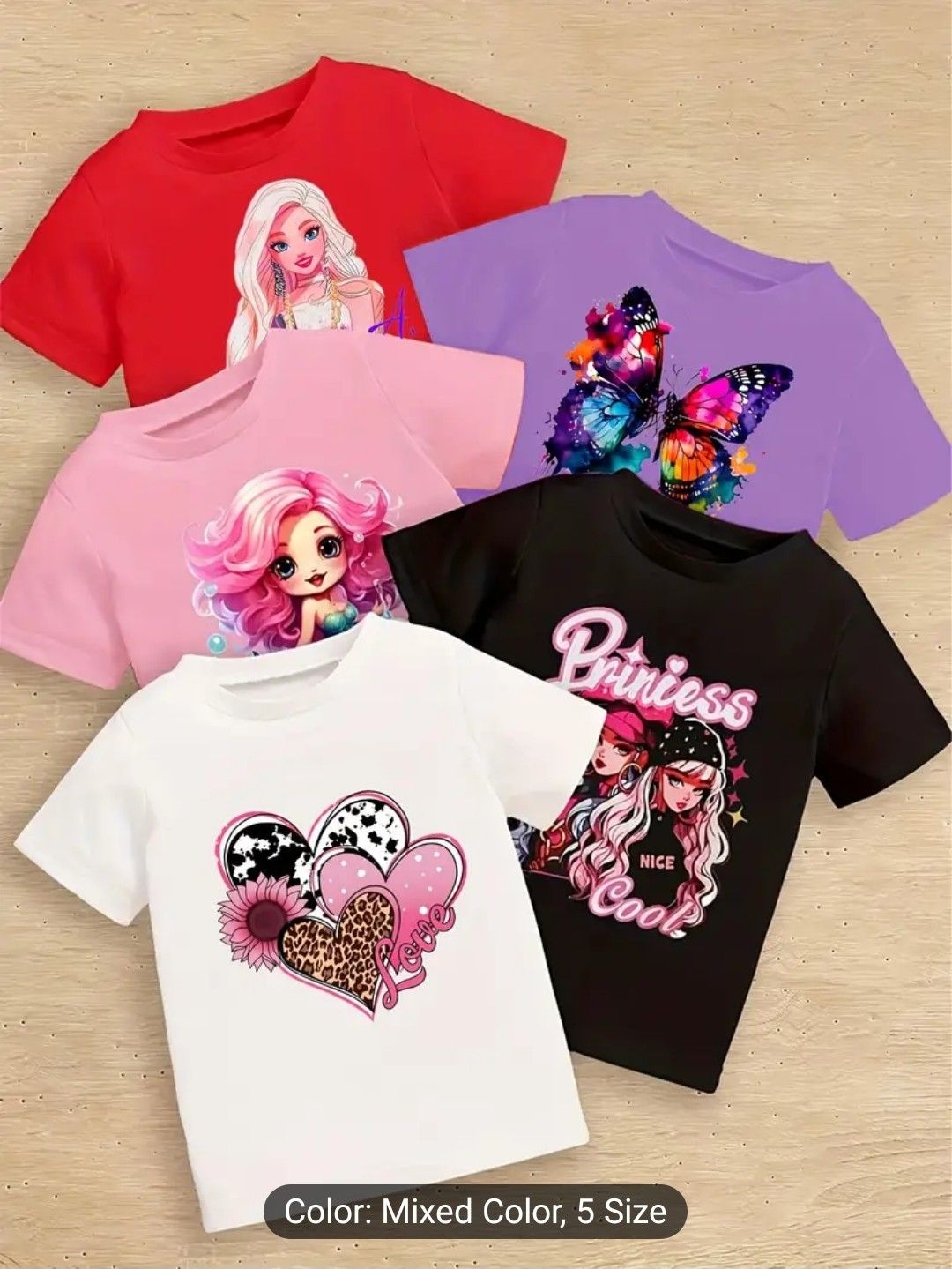 Vibrant Cartoon &amp; Butterfly Graphic Tees for Girls - Comfy Polyester Blend, Short Sleeve Crew Neck T-Shirts with Heart-Shaped Dye Design - Perfect for Summer