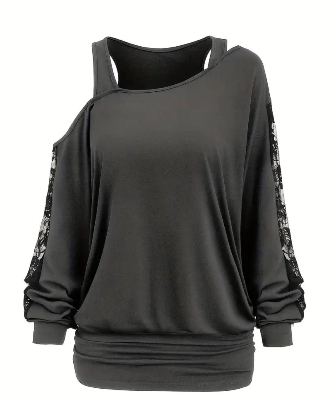Women&#39;s Casual Lace Panel Long Sleeve Top - Black Off-Shoulder Ruched Design, Polyester and Spandex Blend, Machine Washable, Lace Trim