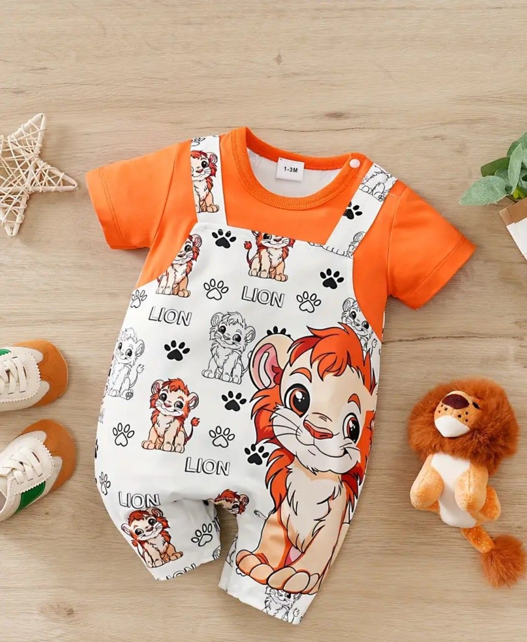 YIERYING Youngsters Boys&#39; Summer Lion Cartoon Print Short-Sleeve Romper with Faux Suspenders - Soft Polyester Blend, Playful Animal Design, Easy-Care Hand Wash, Casual Youngsters Outfit | Cartoon Lion