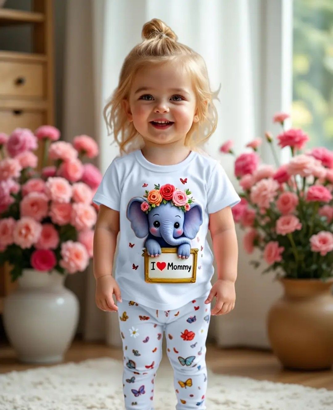 Tolo Rabbit Adorable Elephant Mother&#39;s Day Pink Bodysuit Set - Cute Butterfly Pattern, Polyester &amp; Elastane Blend, Machine Washable, Children&#39;s Clothing Set|Cozy Bodysuit|Snug Fit