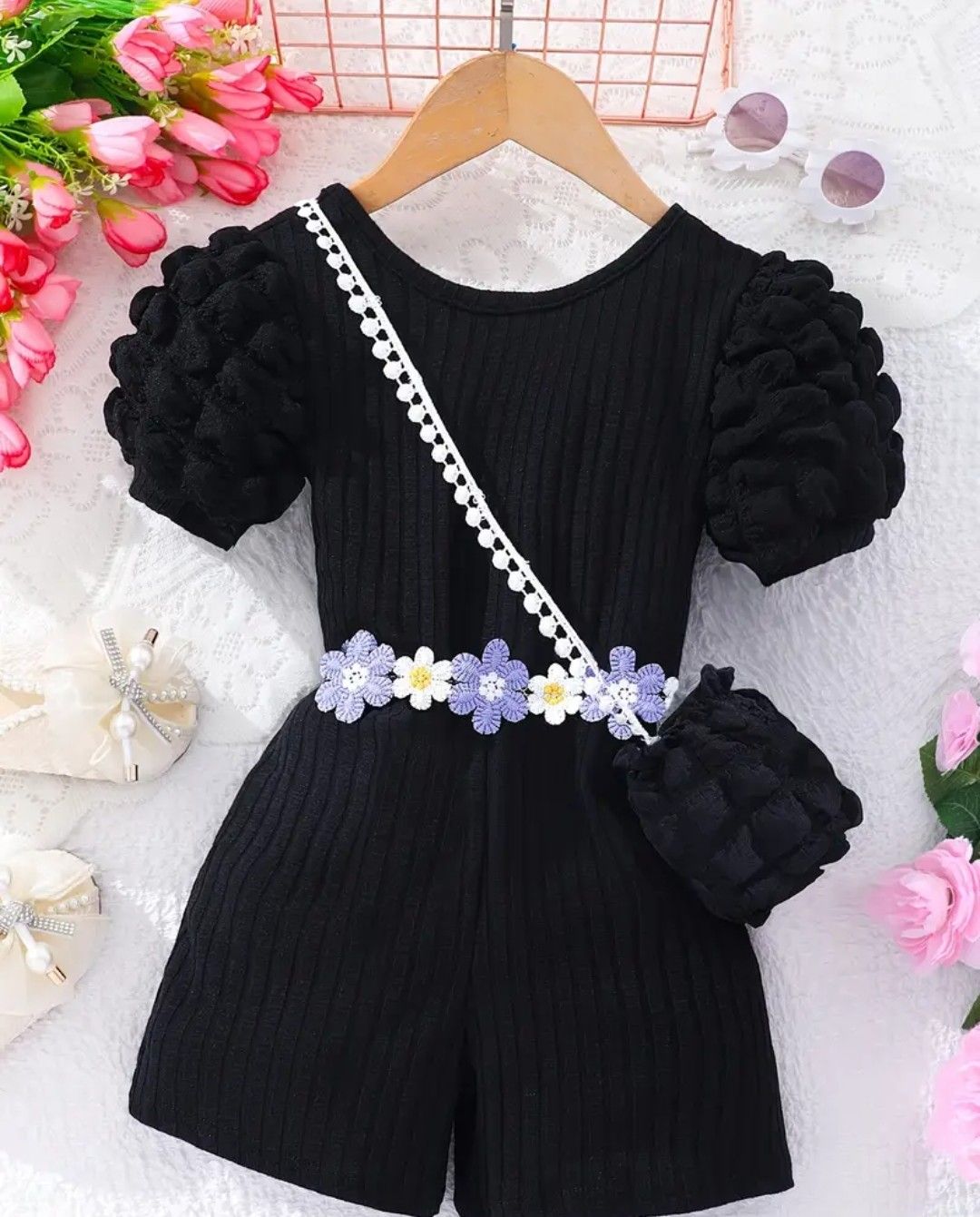 Solid Color Puff Sleeve Floral Decor Ribbed Romper With Bag For Girls, Stylish Summer Comfy Jumpsuit Holiday Gift, Girls&#39; Clothing