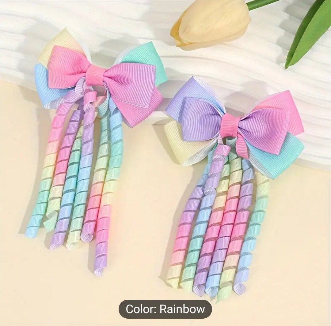 2-Pack Rainbow Curly Tassel Bow Hair Clips, Colorful Ribbon Hairpins, Non-Woven Polyester, Cute Tie Dye Style, Daily &amp; Casual Accessory for Teen Girls, Spring/Summer Hair Barrettes