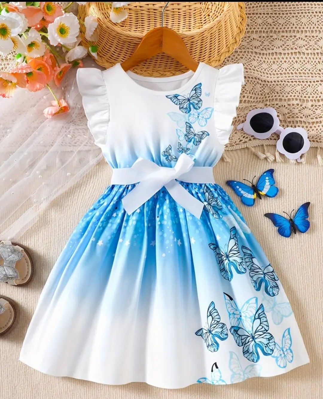 Girls&#39; Butterfly Print Dress - Casual Knit, Sleeveless, Ruffle Detail, White with Pink and Purple Butterfly Design, Perfect for Spring/Summer, Beach, Holiday, and Party Wear, Beach Dress | Playful Dre