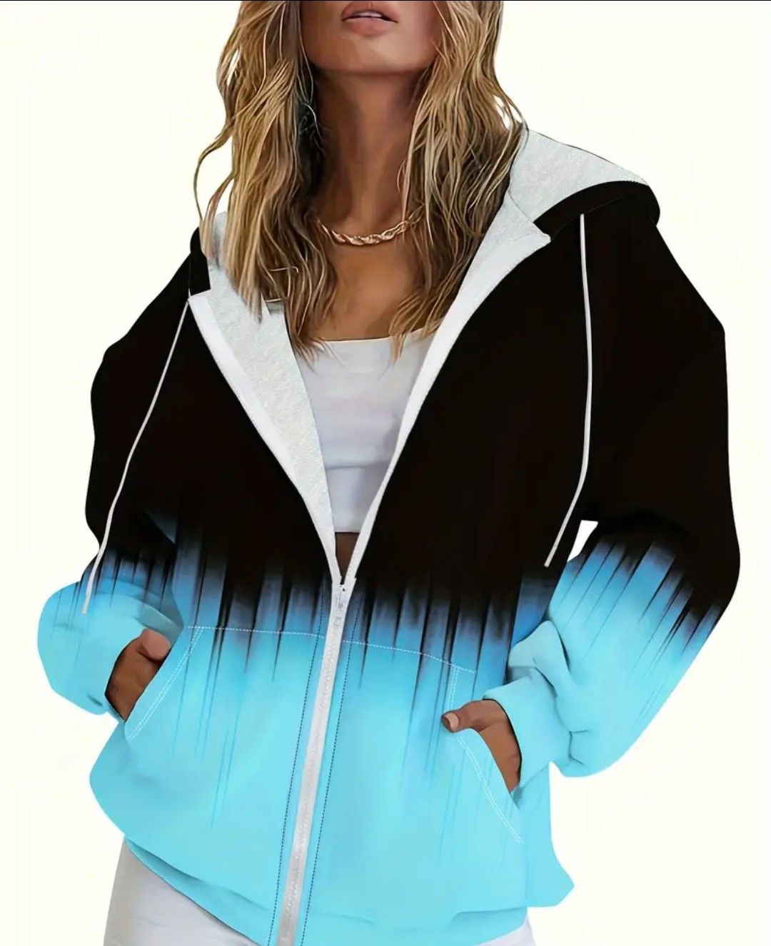 [Lightweight Design] Women&#39;s Stylish Gradient Zip-Up Hoodie - Casual Long Sleeve with Pockets, Black to Blue Ombre Design, Polyester Blend, Machine Washable, Spring/Summer/Fall Wear, Seasonal Fashion