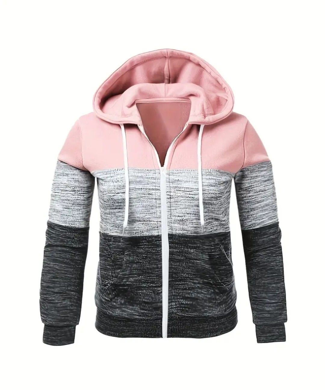 Women&#39;s Plus Size Casual Hoodie - Colorblock Zip-Up with Drawstring, Long Sleeve &amp; Pockets, Machine Washable