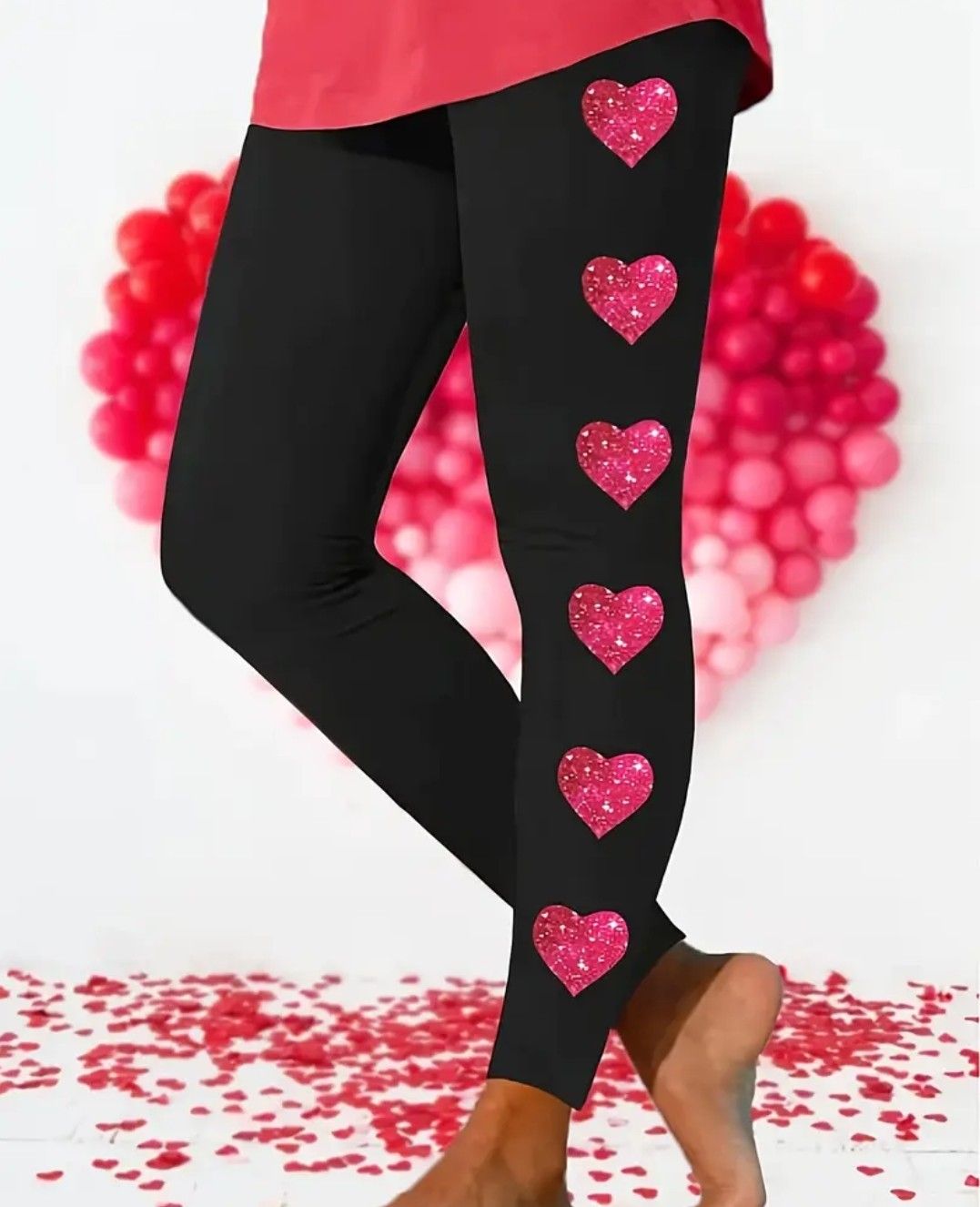 Women&#39;s Valentine&#39;s Day Black Leggings with Pink Glitter Heart Accents - Elegant Stretchy Polyester-Elastane Blend, High Waist, Machine Washable, High Waisted Leggings