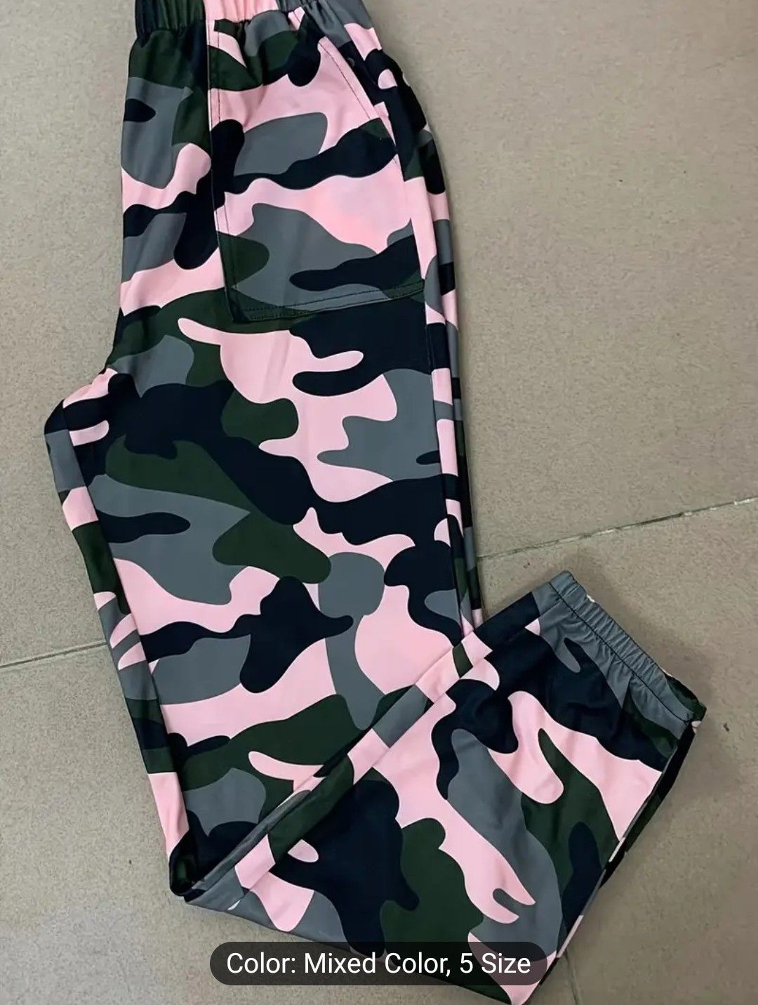 Stylish Women&#39;s Camo Joggers - Elastic Waist, Pink &amp; Gray Print, Casual Sporty Pants with Pockets, Polyester-Spandex Blend, Machine Washable for Spring/Fall