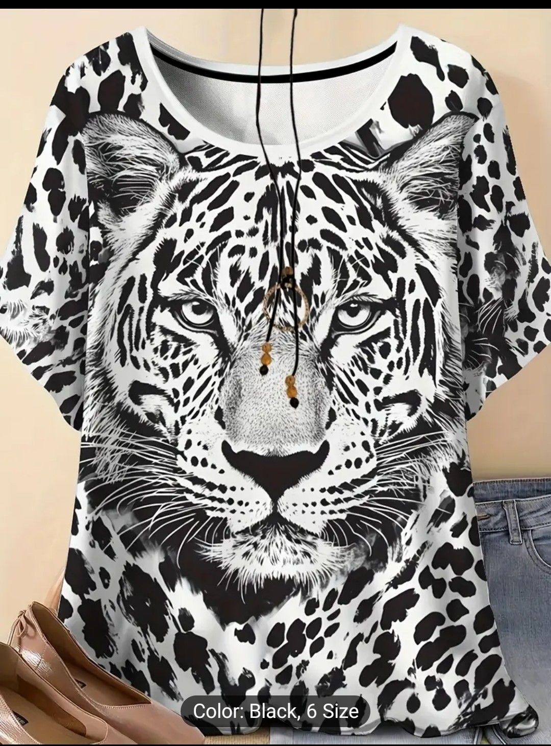 Women&#39;S Casual Leopard Print T-Shirt, 95% Polyester 5% Spandex, Crew Neck, Slight Stretch, Summer Knit Fabric Top, 180g/m² - Black and White