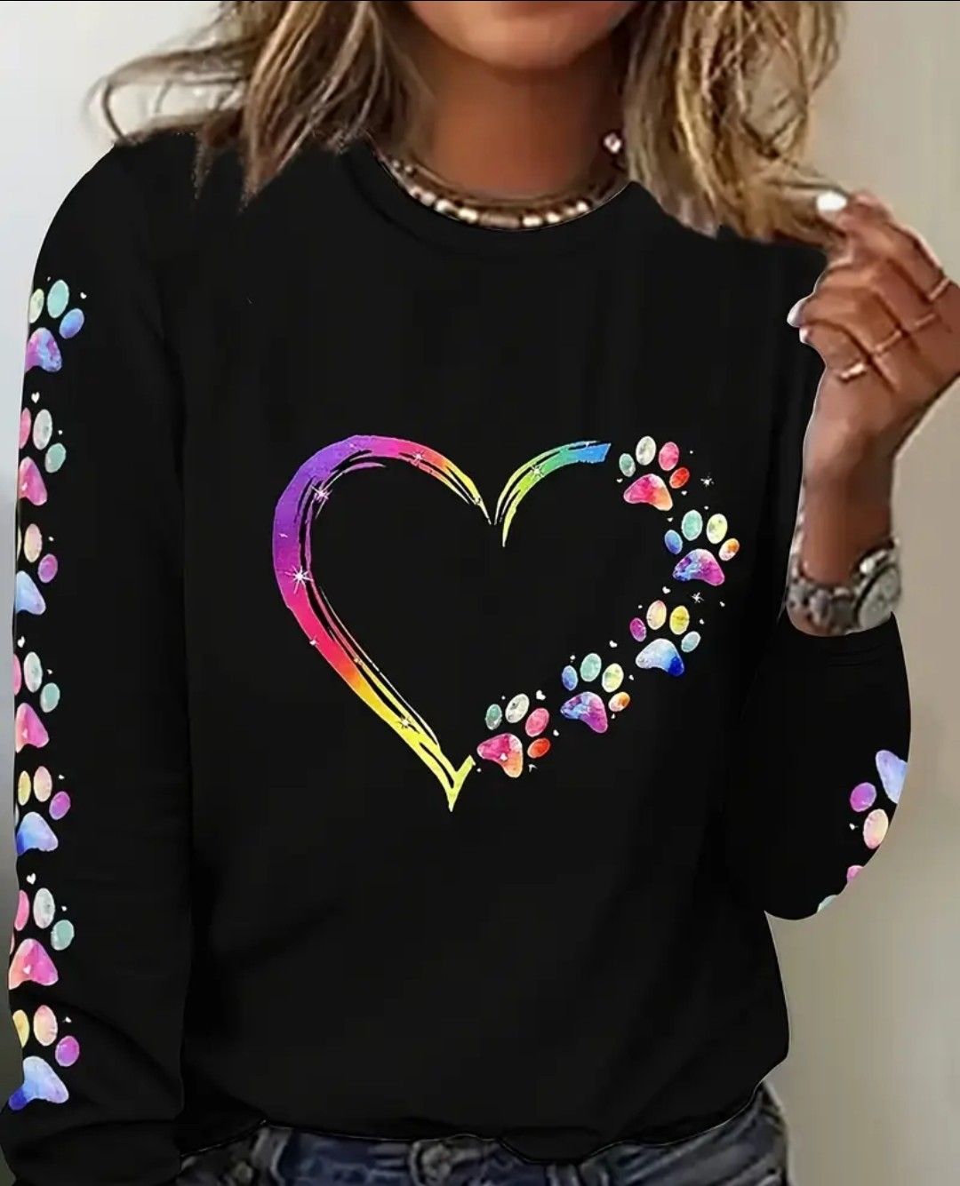 Print Play, Women&#39;s Casual Long Sleeve T-Shirt with Geometric Heart Design - Crew Neck, Loose Fit, Polyester Blend, Machine Washable - Perfect for Spring &amp; Fall