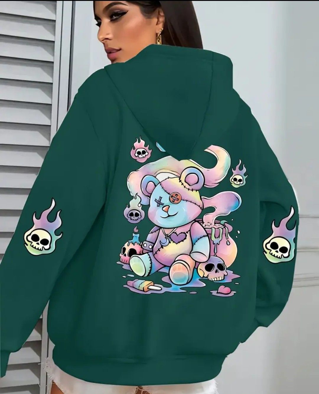Ghost Bear Print Casual Zip-Up Hoodie with Pockets, Stylish Sweatshirt Jacket for Comfortable Fit Hoodies, Fall