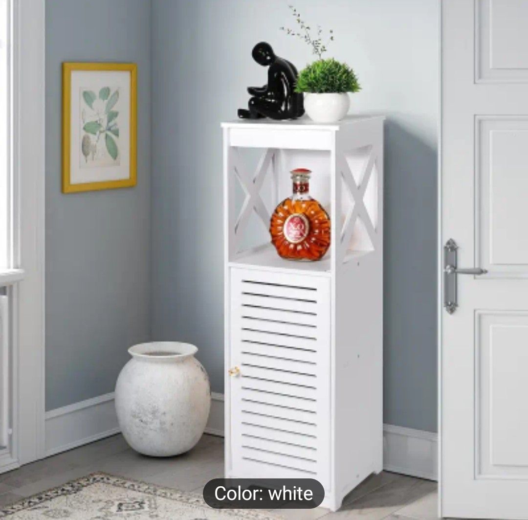 3 Tier Bathroom Floor Cabinet, White Bathroom Storage Unit With Door, Free Standing Shelf Display Cabinet Home Storage Furniture Organizer For Living Room, Bedroom, Kitchen, Balcony Or Office