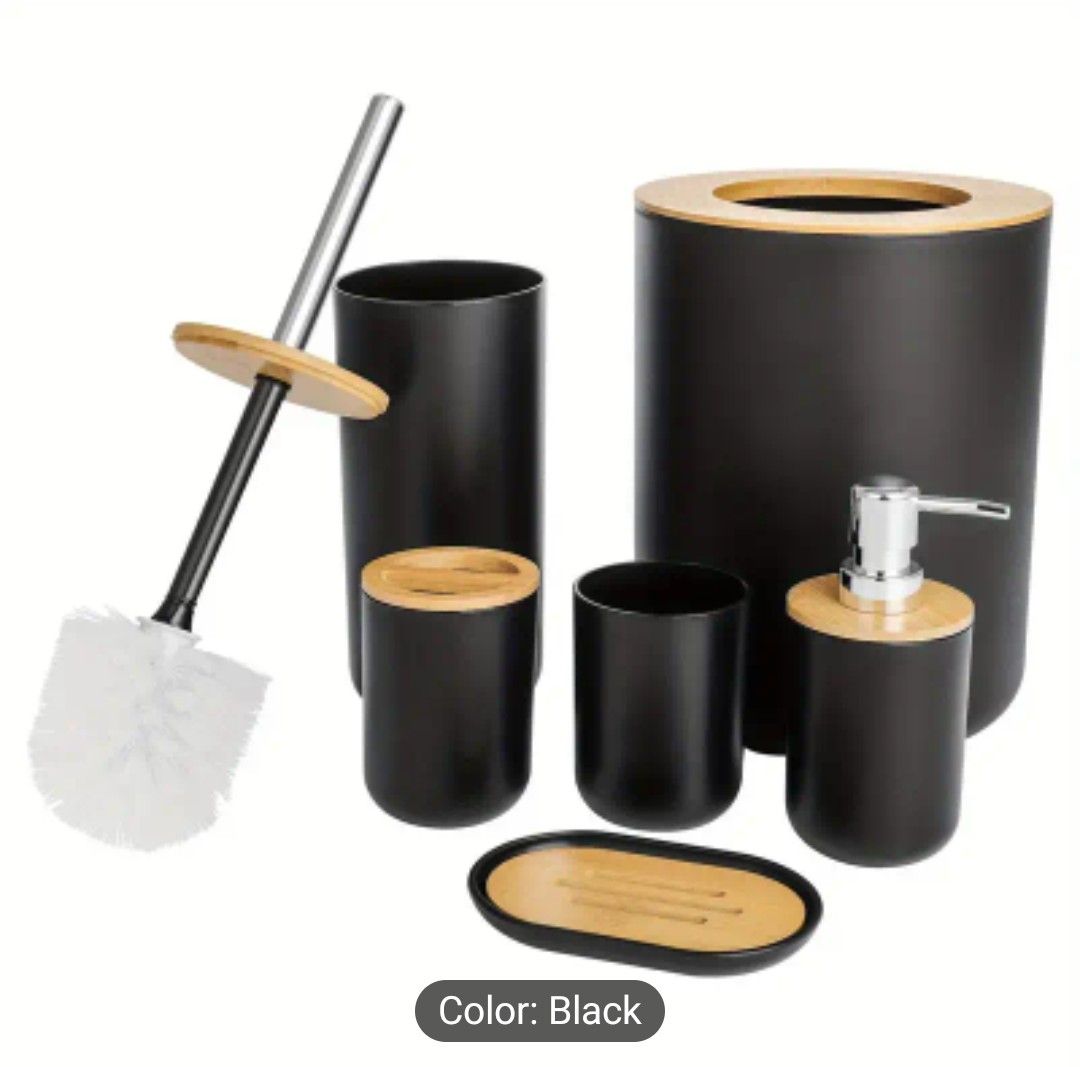 6pcs Bathroom Accessories- Bathroom Bin And Toilet Brush Set- Durable Toothbrush Holder Cup- Soap Dispenser With Pump- Soap Dish Holder Grey Black White, Shower Caddies