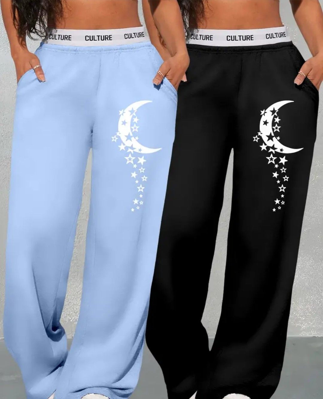Women&#39;S Casual Polyester Knit Pants, High Waist Straight Leg Lounge Sweatpants, All-Season Comfort Fit Trousers with Geometric Moon Pattern