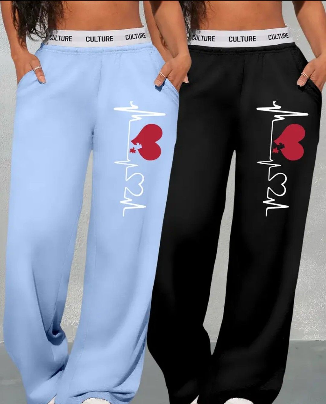 2pcs Women&#39;S High-Waisted Sweatpants Set, Geometric Heart Print, Casual Loose Fit, Knit Polyester, All-Season Straight Leg Pants