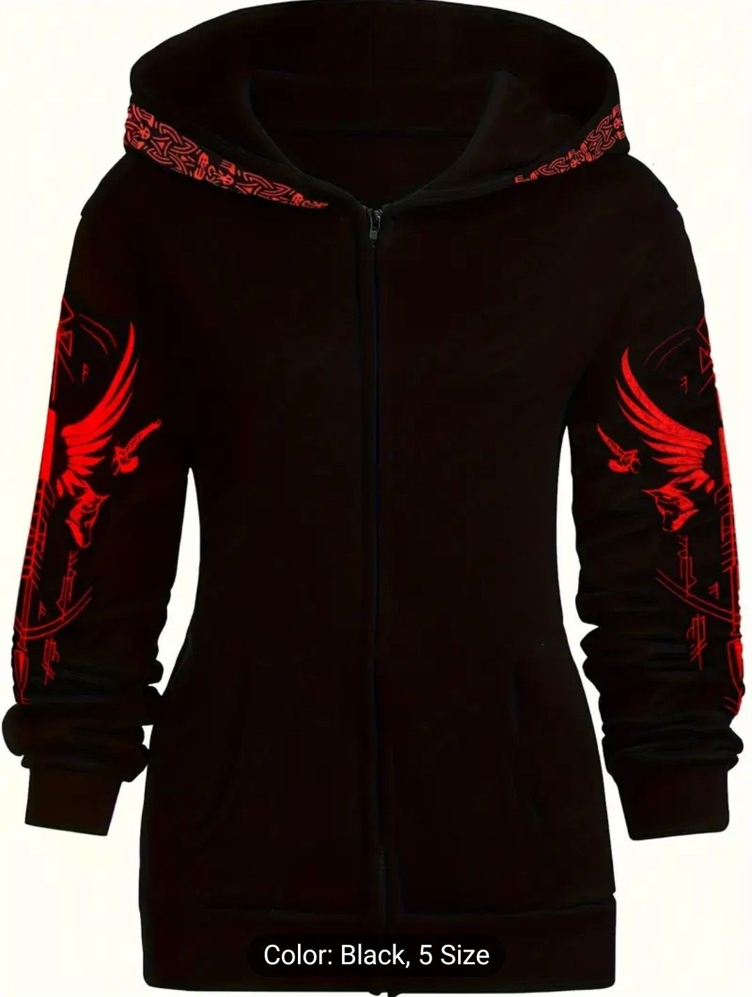 [Unique Red &amp; Black Hoodie] Women&#39;s Gothic Print Zip-Up Hoodie - Casual Polyester Sweatshirt with Unique Red &amp; Black Design, Machine Washable, All-Season Comfort, Sweater Hoodie